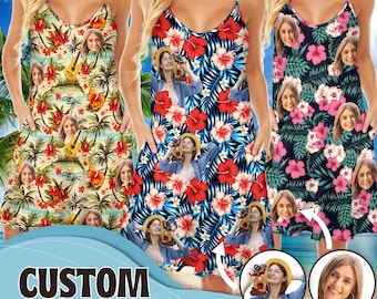 Sukienka na zamówienie z twarzą, spersonalizowana sukienka hawajska Aloha z twarzą, spersonalizowana sukienka codzienna, sukienka na ramiączkach spaghetti, niestandardowe sukienki letnie