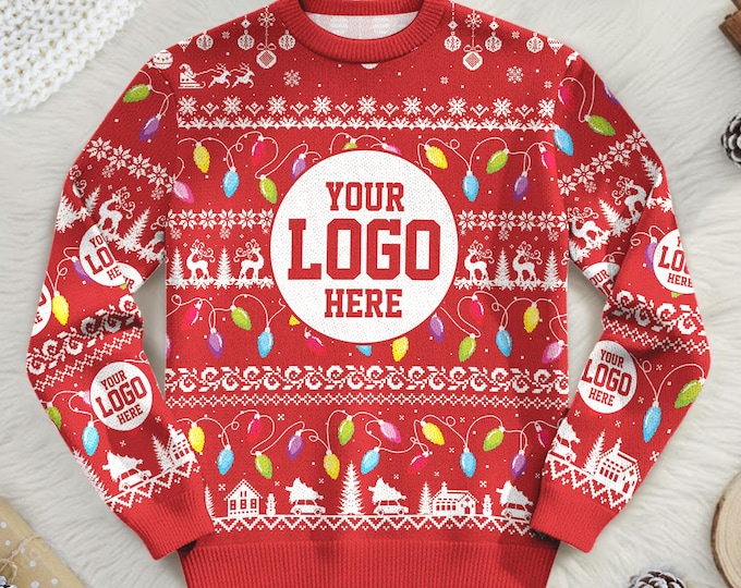 Custom Logo Ugly Sweater, Personalized Company Xmas Sweatshirt, Funny Christmas Jumpers for Men & Women, Business Logo Matching Gift Team