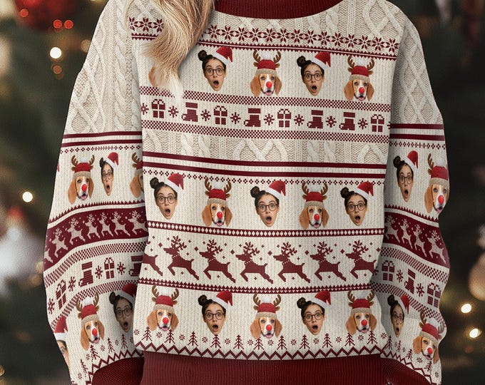 Custom Face Family Christmas Sweater for Men, Women & Kids, Custom Pet Ugly Sweatshirt with Photo, Funny Christmas Jumper Trending Holiday