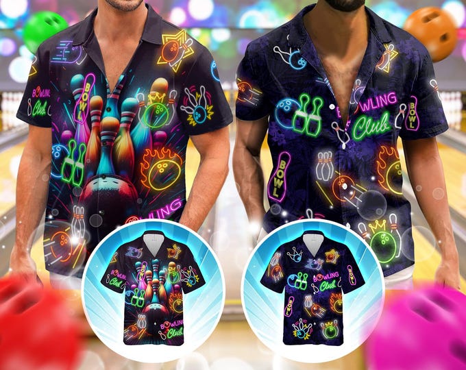 Bowling Shirts For Men, Mens Bowling Shirts, Bowling Shirts Retro, Hawaiian Shirt For Men Women, Neon Bowling Hawaiian Shirt, Bowling Game