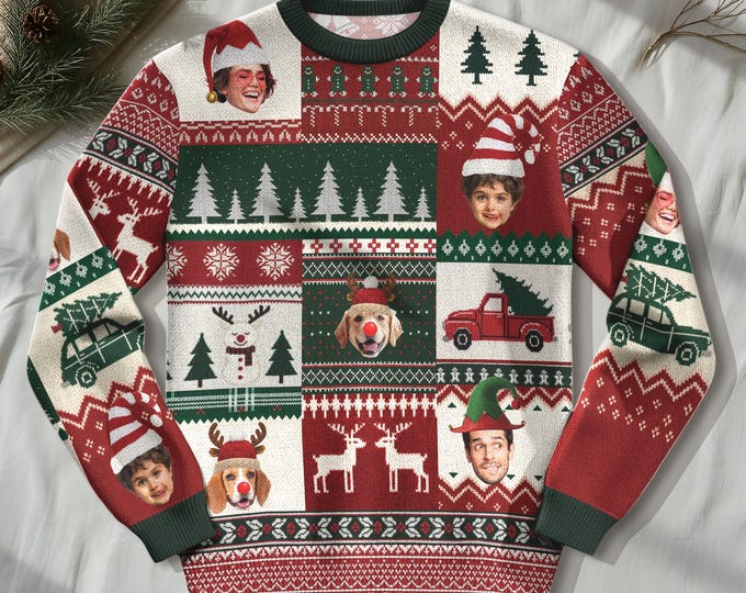 Custom Face Family Christmas Sweater for Men, Women & Kids, Custom Pet Ugly Sweatshirt with Photo, Funny Christmas Jumper Trending Holiday