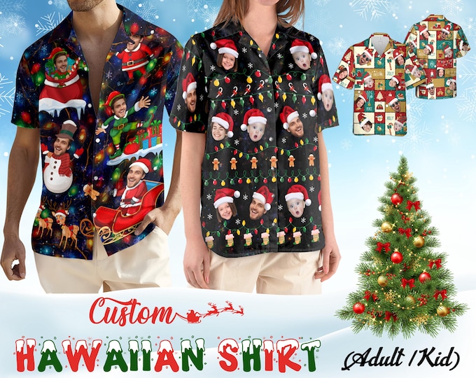 Custom Santa Hawaiian Shirt With Face, Personalized Christmas Hawaiian Shirt, Secret Xmas Gifts for Men Women, Christmas Matching Shirts