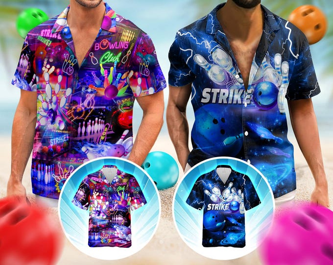 Bowling Shirts For Men, Mens Bowling Shirts, Bowling Shirts Retro, Hawaiian Shirt For Men Women, Neon Bowling Hawaiian Shirt, Bowling Game