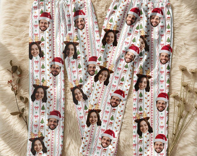 Custom Face Pajama Pants, Family Christmas Pajamas, Personalized Photo Set, Matching Holiday Sleepwear, Cotton Pajama Gift