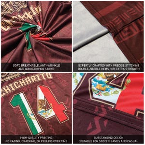 May include: Maroon soccer jersey with the number 14 and the name "Chicharito". The jersey features the Mexican flag colors and design elements. The text on the jersey reads "Soft, breathable, anti-wrinkle and quick-drying fabric".