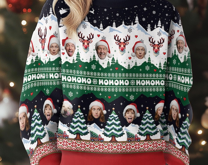 Custom Face Family Christmas Sweater for Men, Women & Kids, Custom Pet Ugly Sweatshirt with Photo, Funny Christmas Jumper Trending Holiday