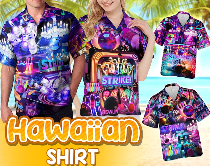 Bowling Shirts For Men, Mens Bowling Shirts, Bowling Shirts Retro, Hawaiian Shirt For Men Women, Neon Bowling Hawaiian Shirt, Bowling Game