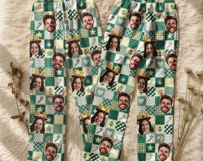 Custom Photo Pajamas, Funny Christmas Pajamas, Couple Holiday Lounge Set, Custom Pajamas With Faces, Cozy Cotton Pajama Pants