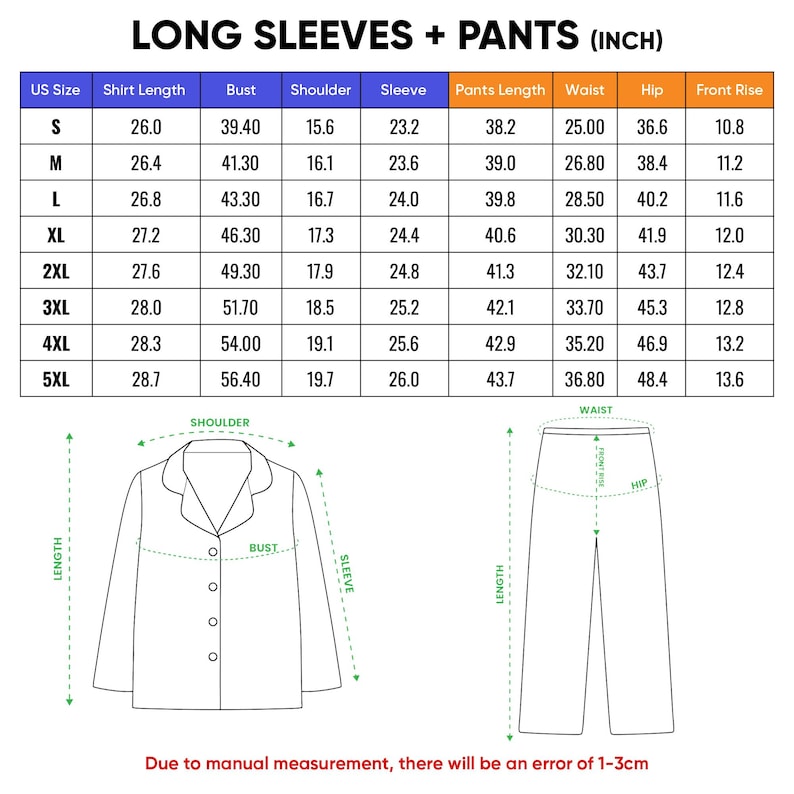 May include: A sizing chart for long sleeves and pants featuring a table with US sizes S through 5XL and corresponding measurements in inches. Below the table are line drawings of a button-down shirt and pants with green arrows indicating measurement points.