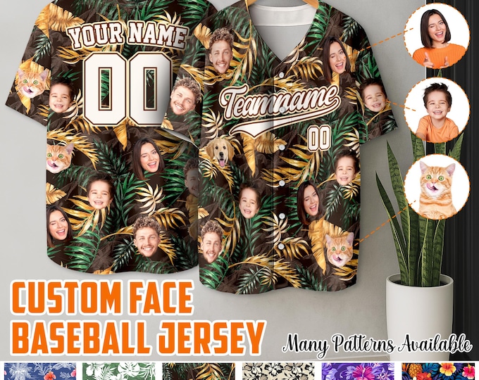 Personalized Hawaiian Baseball Jersey with Team Name Number, Custom Photo Beach Vacation Tropical Pattern Shirt, 2025 Summer Trending Outfit