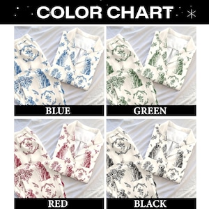 K&ouml;nnte beinhalten: Eine Farbkarte zeigt Pyjama-Sets in Blau, Gr&uuml;n, Rot und Schwarz. Jedes Set enth&auml;lt ein Hemd mit Kn&ouml;pfen und eine passende Hose, alle mit einem Hunde- und Blumenmuster. Der Text "COLOR CHART" steht oben.