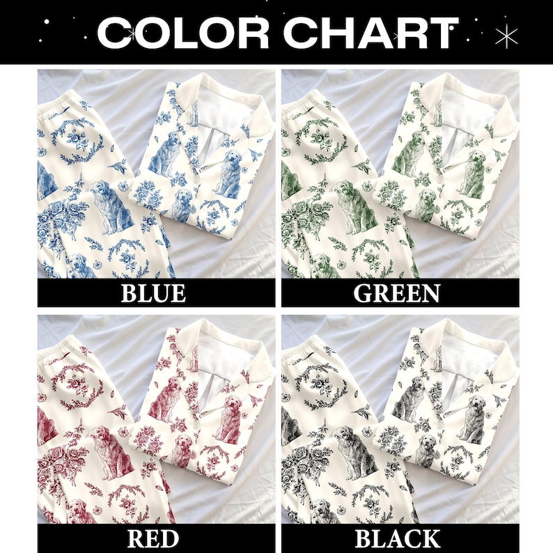 K&ouml;nnte beinhalten: Eine Farbkarte zeigt Pyjama-Sets in Blau, Gr&uuml;n, Rot und Schwarz. Jedes Set enth&auml;lt ein Hemd mit Kn&ouml;pfen und eine passende Hose, alle mit einem Hunde- und Blumenmuster. Der Text "COLOR CHART" steht oben.