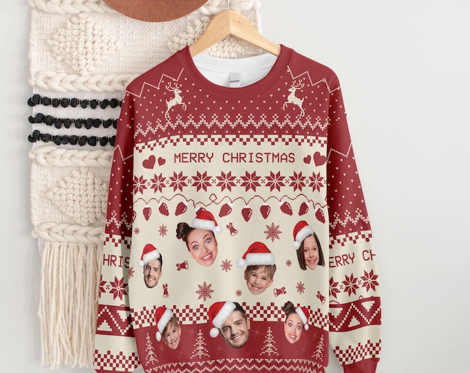 Custom Face Merry Christmas Sweater For Men Women, Funny Christmas Jumpers Family Gift, Xmas Sweatshirt with Photo Trending Holiday