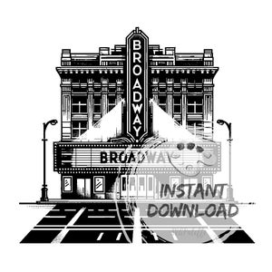 May include: Black and white illustration of a Broadway theatre building with a marquee sign that reads "BROADWAY".
