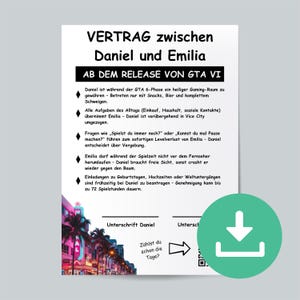 GTA 6 Release Contract | Gift for boyfriend or girlfriend | Funny gift for couples | Digital download PDF | Personalized poster image