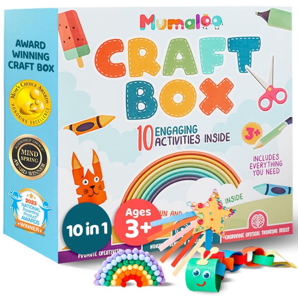 Mumaloo Craft Box for Kids - 10 Creative Arts and Crafts for Kids Ages 4-8, Fun, No Mess Educational Preschool & Homeschool Art Projects