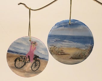 Nautical Beach Theme Handpainted Wooden Discs, Set of 2, Coastal Wall Decor, Beach House Accents, Gift for Beach Lover