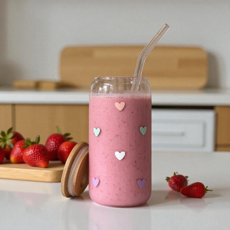 Drinking glass with bamboo lid and straw | Iced matcha latte mug | Glass cup with colorful hearts | Gift idea for best friend image 1