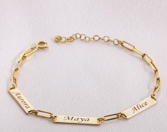 Custom Family Name Bracelet, Personalized Mom Jewelry with Kids Names, Engraved Gold Bar Bracelet