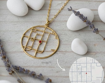 Custom Silver Map Necklace with Birthstone, Personalized Location Jewelry, Where We Met Necklace, Coordinate Gift, Anniversary Gift