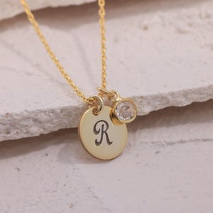 Personalized Birthstone Initial Necklace, Dainty Disk Necklace, Dainty Gemstone Necklace, Christmas Gifts, Personalized Jewelry Gift