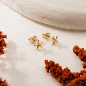 May include: A pair of gold-colored starfish stud earrings. The earrings are small and detailed, with a textured surface. They are displayed on a white surface with dried orange flowers.