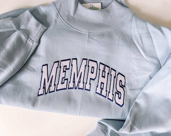 Embroidered Applique Mockneck Sweatshirt, EmbroideredSweatshirt, Team Sweatshirt, Personalized School, Varsity Letter Sweatshirt, LIGHT BLUE