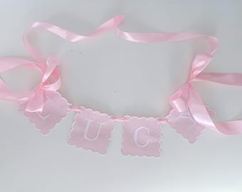 Custom Baby Name Banner, Scallopped Bow Name Banner, Embroidered Baby Banner, pink and white Baby Name Banner, Custom Embroidered Banner