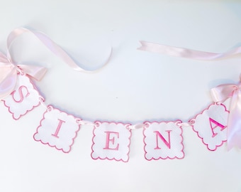 Custom Baby Name Banner, Scallopped Bow Name Banner, Embroidered Baby Banner, pink and white Baby Name Banner, Custom Embroidered Banner