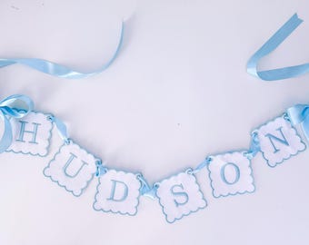Custom Baby Name Banner, Scallopped Bow Name Banner, Embroidered Baby Banner, blue and white Baby Name Banner, Custom Embroidered Banner