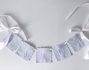 Custom Baby Name Banner, Scallopped Bow Name Banner, Embroidered Baby Banner, blue and white Baby Name Banner, Custom Embroidered Banner