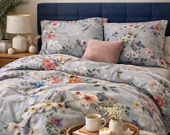 Juego de cama de satén floral: funda nórdica 100 % algodón + 2 fundas de almohada, suave y lujoso estampado botánico primaveral, tamaño individual, matrimonial, queen y king.