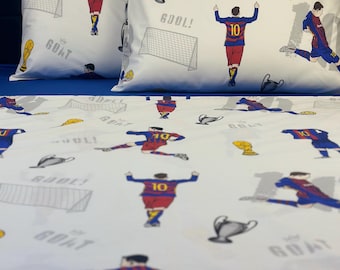 Organic cotton bedding sheets set. Soccer Messy player print. Fitted and flat sheets + 2 pillowcases. Gift for fun, boys. Custom orders.