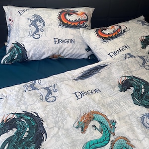 Organic Cozy cotton bedding set, Dragons print.  duvet cover+ 2 pillowcases, 100% Turkish cotton. Personalized
