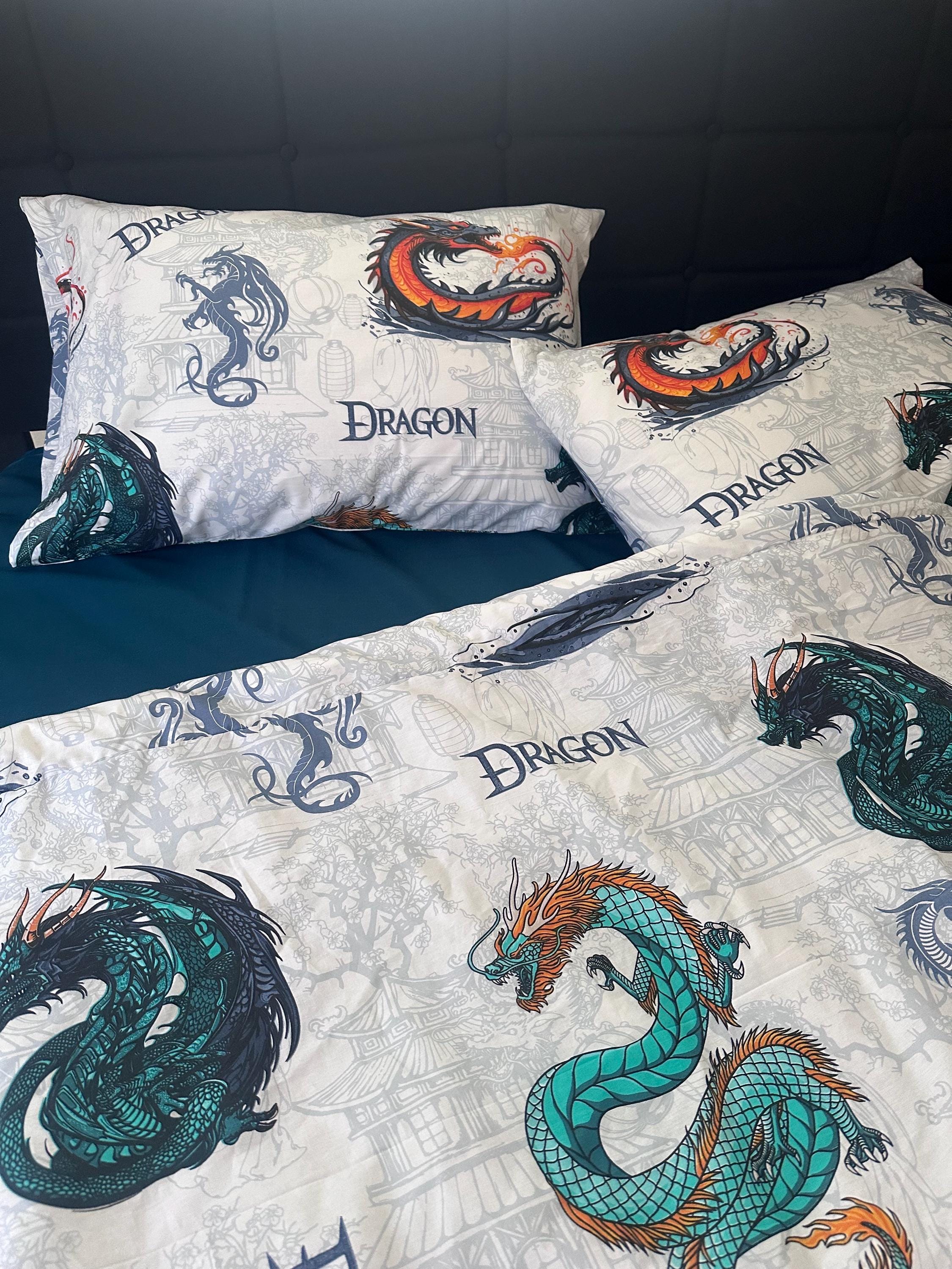 Organic Cozy cotton bedding set, Dragons print.  duvet cover+ 2 pillowcases, 100% Turkish cotton. Personalized