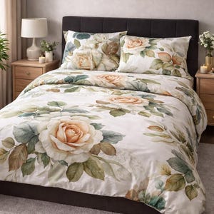 Juego de cama floral - Funda nórdica, sábana bajera o plana y 2 fundas de almohada de satén de algodón orgánico - Decoración primaveral para dormitorio - Ropa de cama de lujo