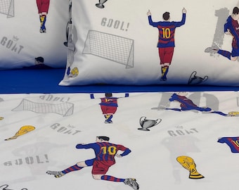 Soccer pillowcases set for kids. Cotton football bedding with player print. Boy’s bedroom decor. Messi inspired Sports Pillow cover