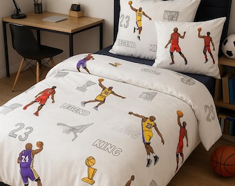 Organic Bedding Set for kids. Basketball players print. Turkish cotton. Duvet Cover+2 pillowcases. Twin, Full Queen. Custom size.