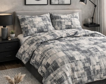 Gray Cotton Sheet Set with Pillowcases, Modern Abstract Bed Sheets, Neutral Bedding Set, Minimalist Bedroom Decor, Queen King Bed Sheets