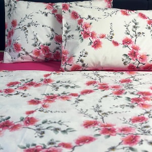 Romantic Floral Bedding Set. Organic cotton. Pink Cherry Blossom Duvet Cover, pillowcases, fitted sheet. Luxury Gift for Her. Custom size.