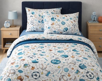 Kids Sports Bedding Set – Organic Cotton Duvet Cover, Fitted Sheet & Pillowcases. Boys Bedding Baseball, Football, Basketball, Soccer theme