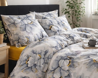 Elegant Floral bedding set, Lux Sateen 100% Turkish cotton. Duvet cover, fitted sheet, 2 pillowcases. Full, Queen, King. Custom order.