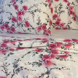 Romantic Floral Bedding Set. Organic cotton. Pink Cherry Blossom Duvet Cover, pillowcases, fitted sheet. Luxury Gift for Her. Custom size.