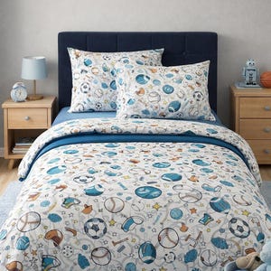Boys Sports Bedding Set, Organic Cotton with Baseball, Football, Soccer Design