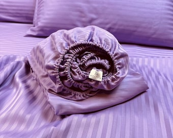 Lavender Lux Stripe Sateen Cotton Sheets Set, Lilac Bedding, Soft Fitted Sheet, Flat Sheet & Pillowcases. Twin Full Queen King. Custom Size.