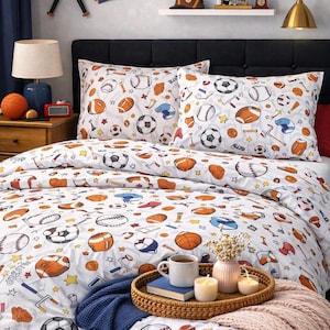Kids Sports Bedding Set – Organic Cotton Duvet Cover & Pillowcases. Boys Bedding Baseball, Football, Basketball, Soccer theme