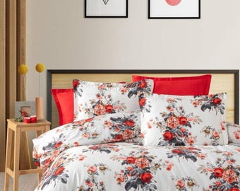 Red Roses Bedding Set, 100% Turkish Cotton Floral Sateen