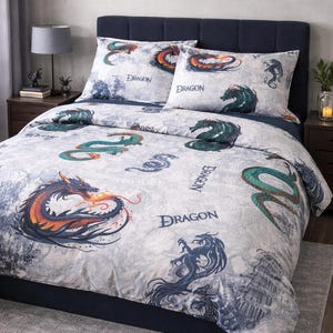 Organic Cozy cotton bedding set, Dragons print.  duvet cover+ 2 pillowcases, 100% Turkish cotton. Personalized
