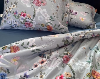 Elegant Spring floral bedding set, Very soft fabric. Lux Sateen 100% cotton. Duvet cover+ 2 pillowcases. Personalized.