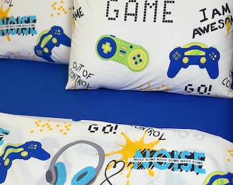 Juego de ropa de cama para gamers, funda nórdica de algodón orgánico con fundas de almohada para videojuegos.